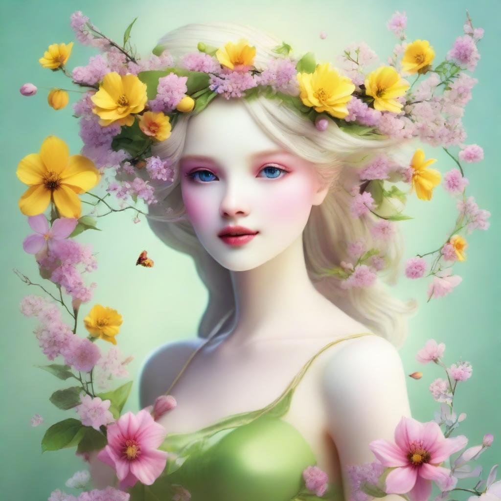 A whimsical personification of Spring as a character, with features reflecting elements of the season, such as blooming flowers, vibrant colors and rejuvenating aura