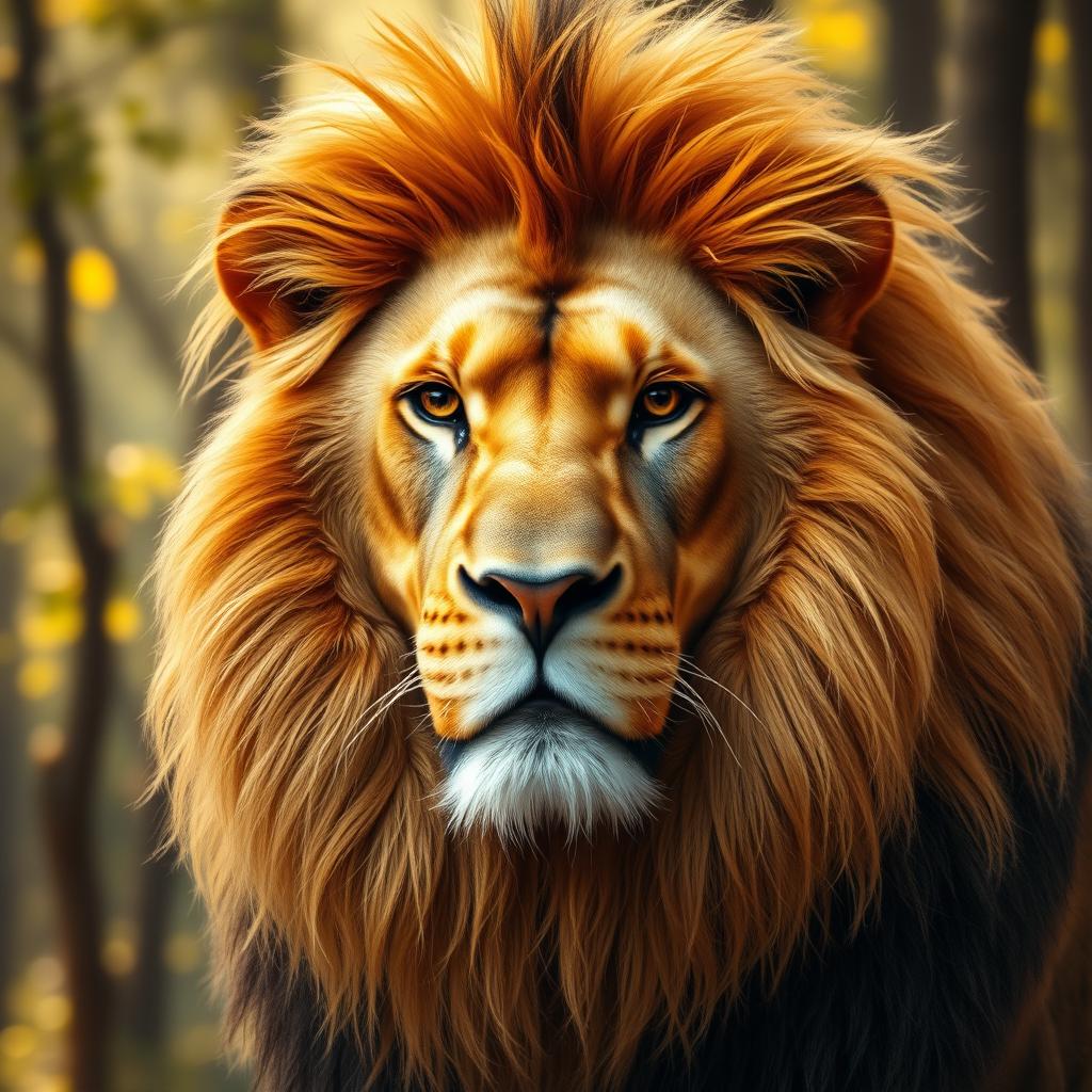 A close-up portrait of a majestic lion with a flowing mane, showcasing its grandiose presence