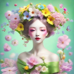 A whimsical personification of Spring as a character, with features reflecting elements of the season, such as blooming flowers, vibrant colors and rejuvenating aura