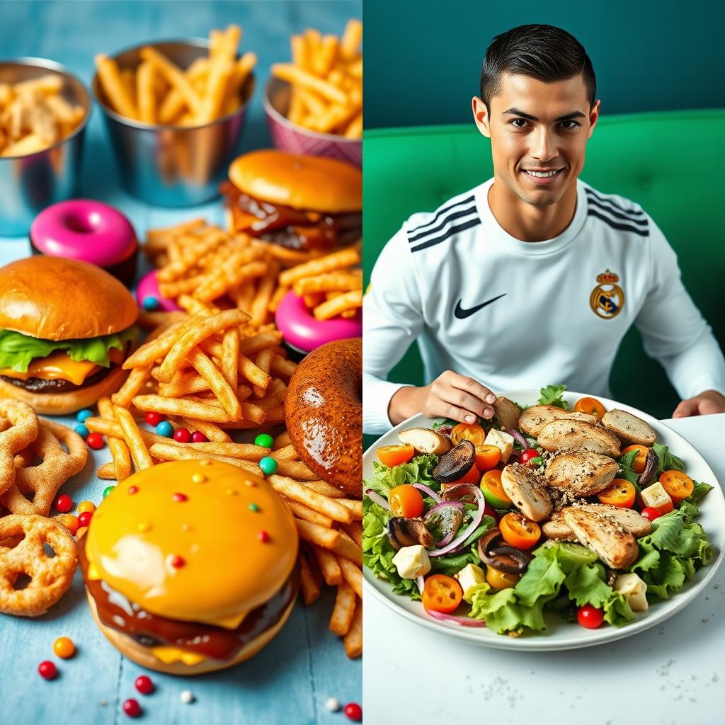 A vibrant side-by-side comparison image that illustrates the contrast between junk food and a clean, healthy meal