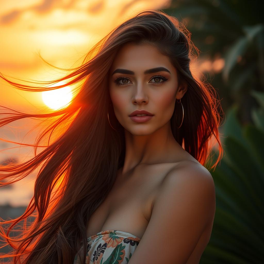 A stunning portrait of a woman with flowing long hair, standing confidently against a vibrant sunset backdrop