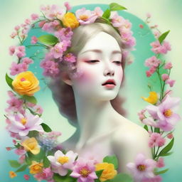 A whimsical personification of Spring as a character, with features reflecting elements of the season, such as blooming flowers, vibrant colors and rejuvenating aura