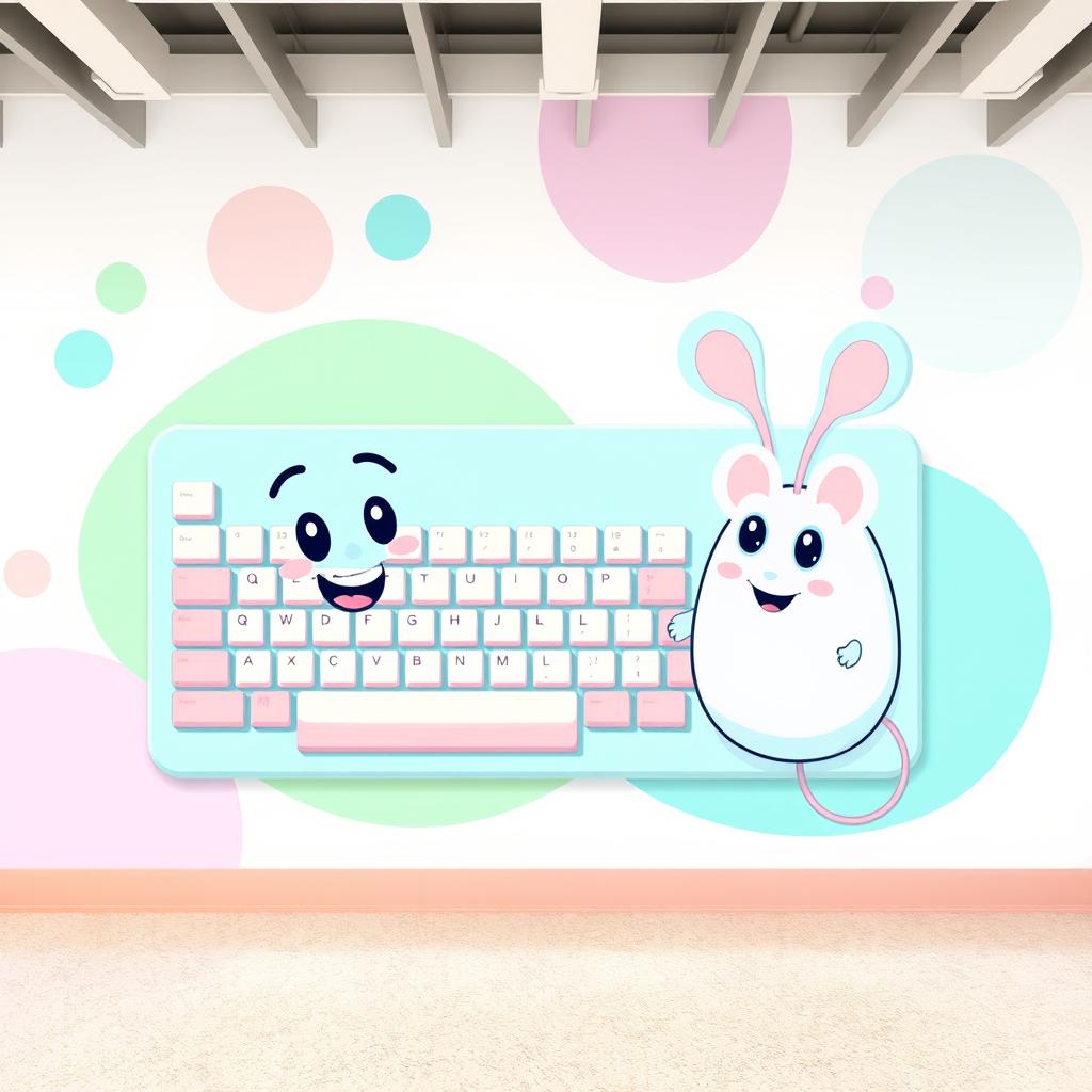 A vibrant and playful wall mural designed for a computer laboratory, featuring cartoon-style characters of a keyboard and a computer mouse, both with friendly and whimsical expressions