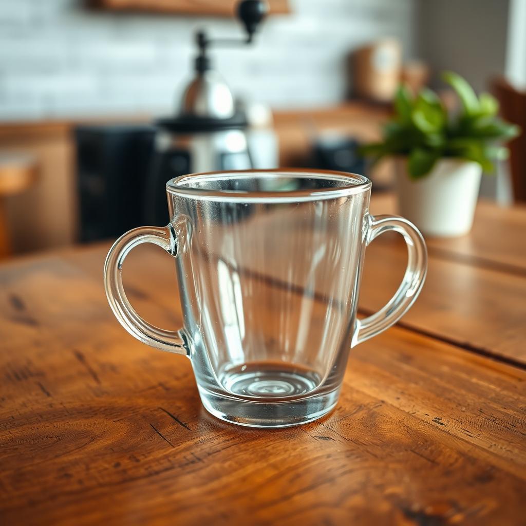 A clear, glass coffee cup sitting on a rustic wooden table