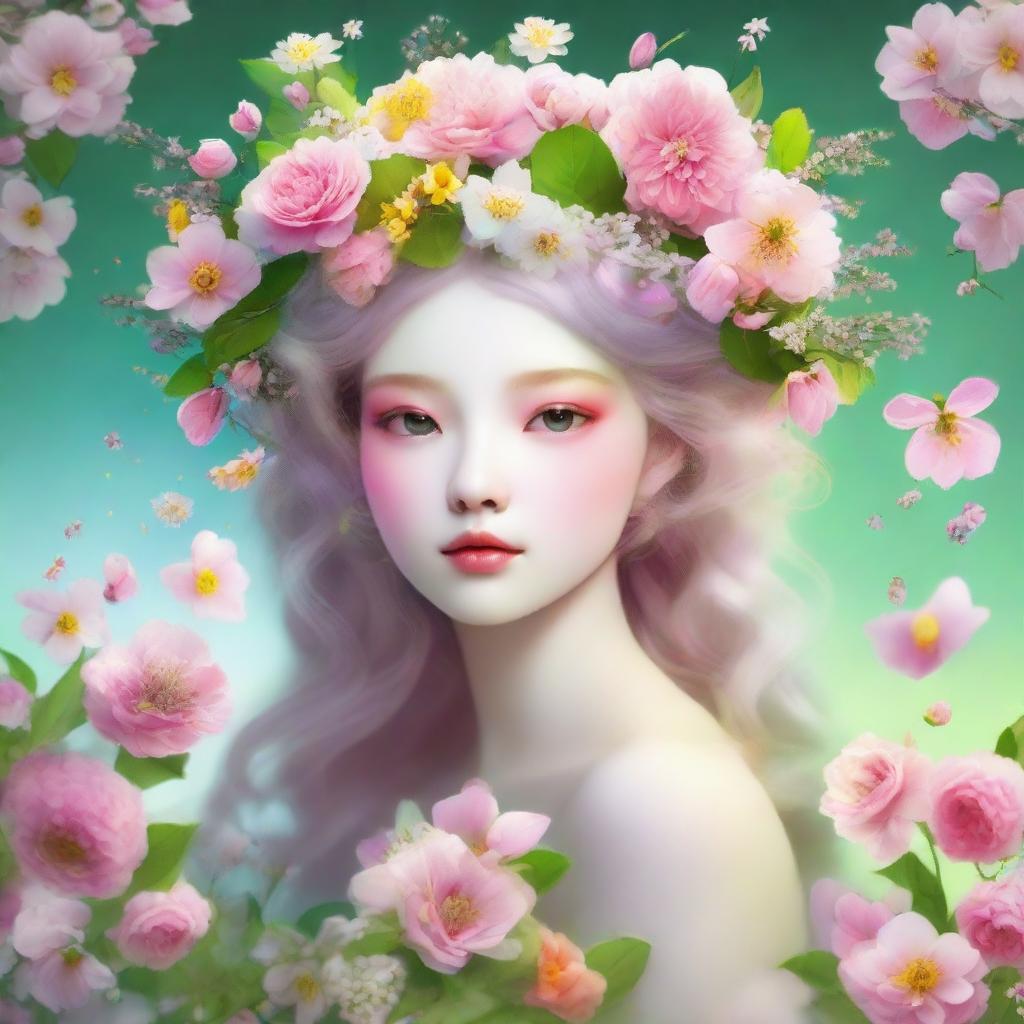 A whimsical personification of Spring as a character, with features reflecting elements of the season, such as blooming flowers, vibrant colors and rejuvenating aura