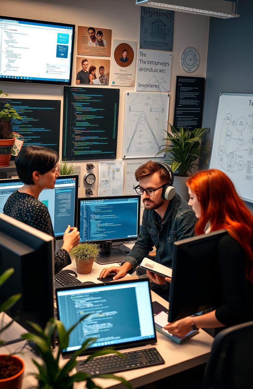 A dynamic workspace scene depicting a diverse group of software engineers collaborating on a project