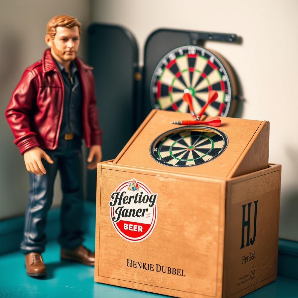A highly detailed and realistic action figure of a person, depicting lifelike features in their attire, standing next to a toy equipment setup