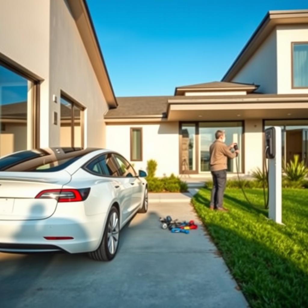 A full view of a white Tesla Model 3 parked and charging at a wall-mounted charger of a modern home