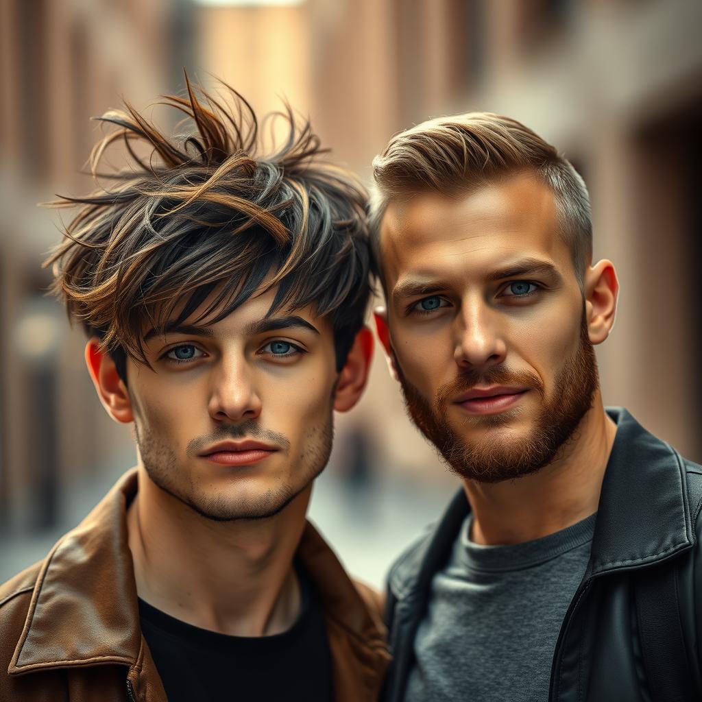 A close-up portrait of two men standing side by side