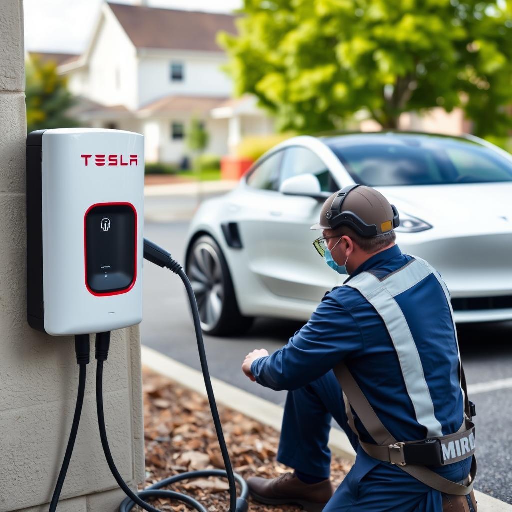 A white Tesla Model 3 parked and charging, fully visible in the frame