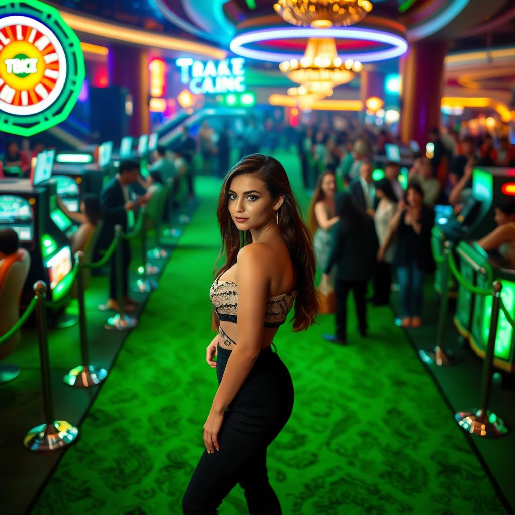 A glamorous scene featuring a stylish girl standing on a green carpet, with a bustling casino in the background filled with enthusiastic fans and admirers