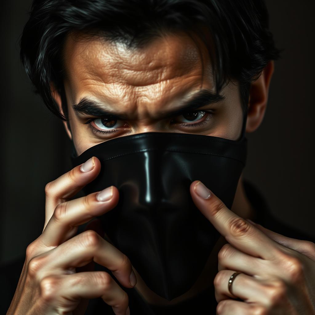A dramatic close-up portrait of a mysterious man removing a sleek black mask, revealing his intense expression and piercing eyes