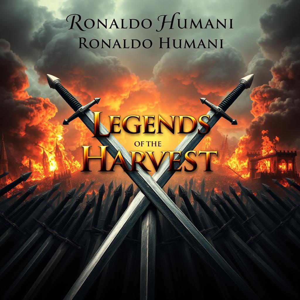 An elaborate and attention-grabbing image featuring a multitude of swords crossing in an X shape at the forefront