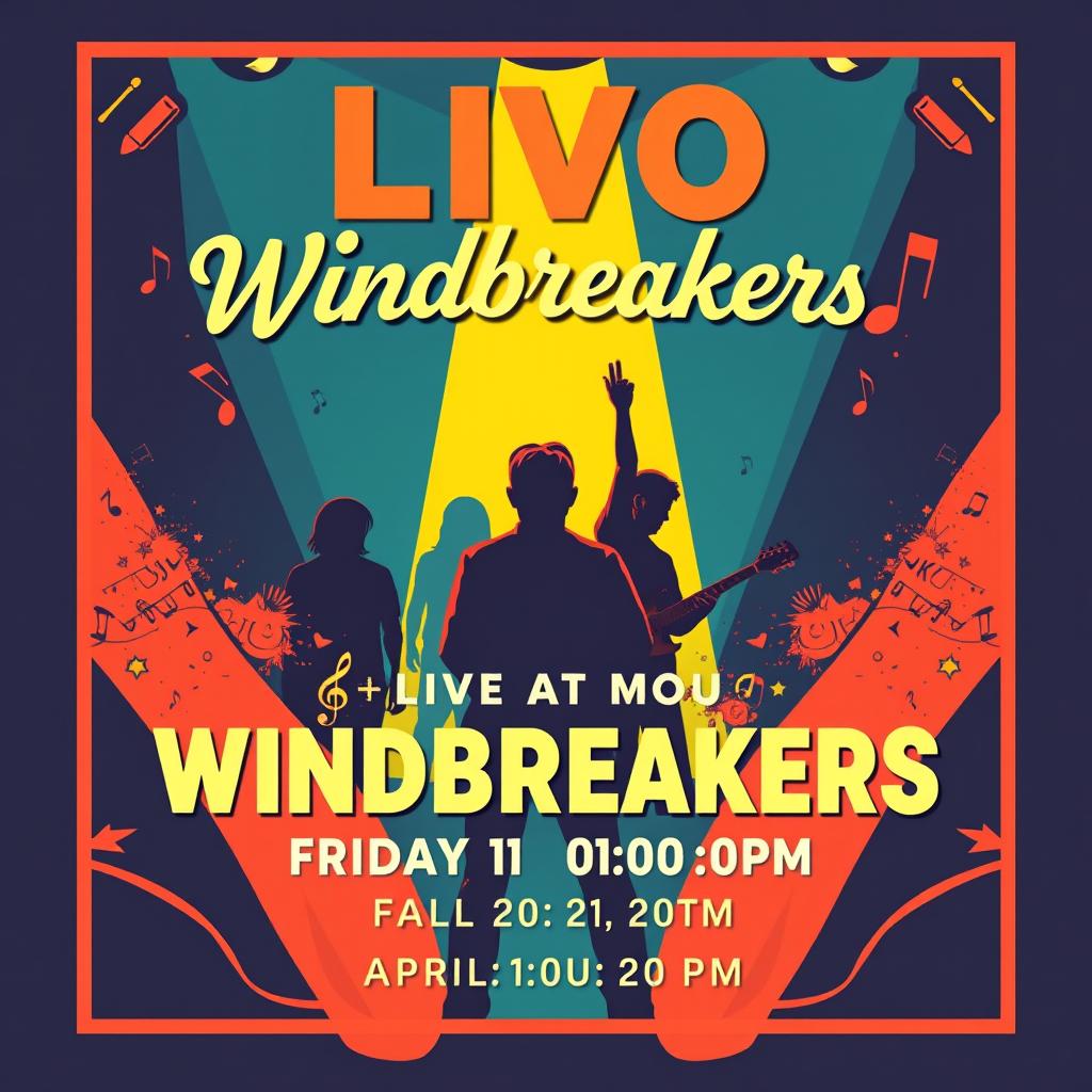 Create a vibrant and eye-catching event poster for a concert featuring the band 'Windbreakers'
