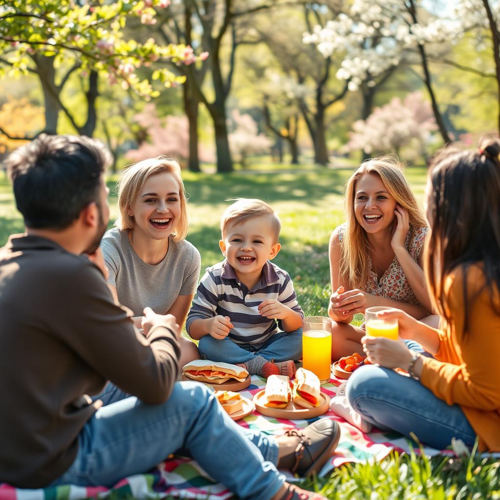 A warm and joyful scene showcasing a group of friends gathered in a park, enjoying a picnic