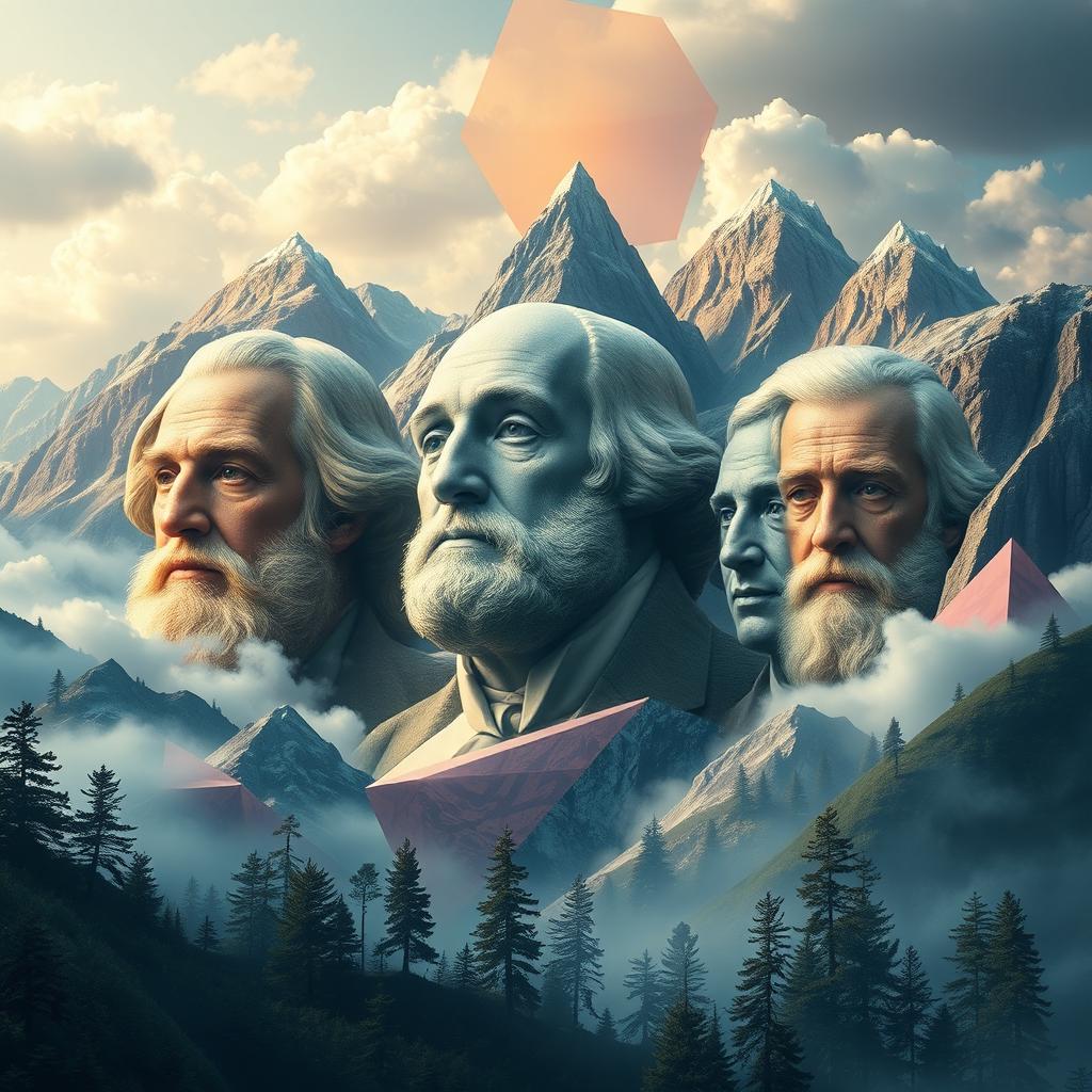 A digital art scene depicting a surreal landscape where faces of famous historical figures are seamlessly blended into various natural elements like mountains, trees, and clouds