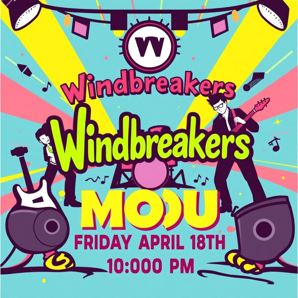 A vibrant and fun event poster for a music performance featuring the band 'Windbreakers' at the venue 'MOU'