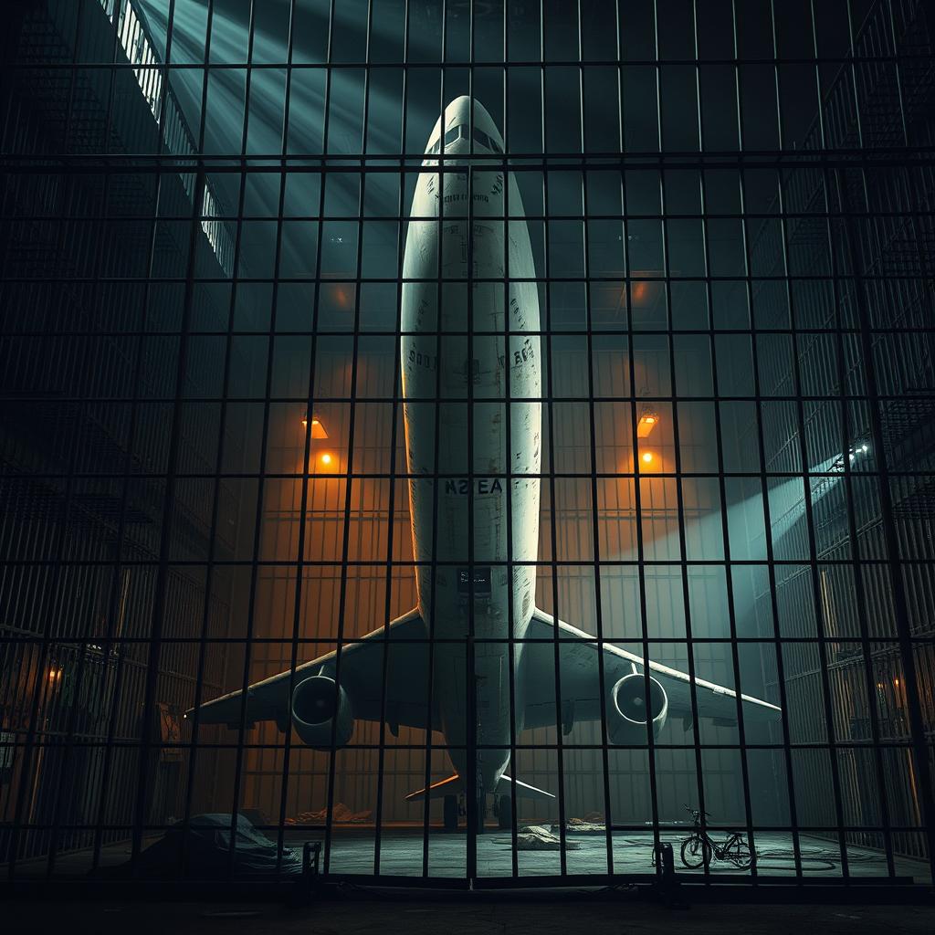 A large prison cage with a dark, criminal atmosphere, featuring a massive airplane standing vertically within the confines of the cage