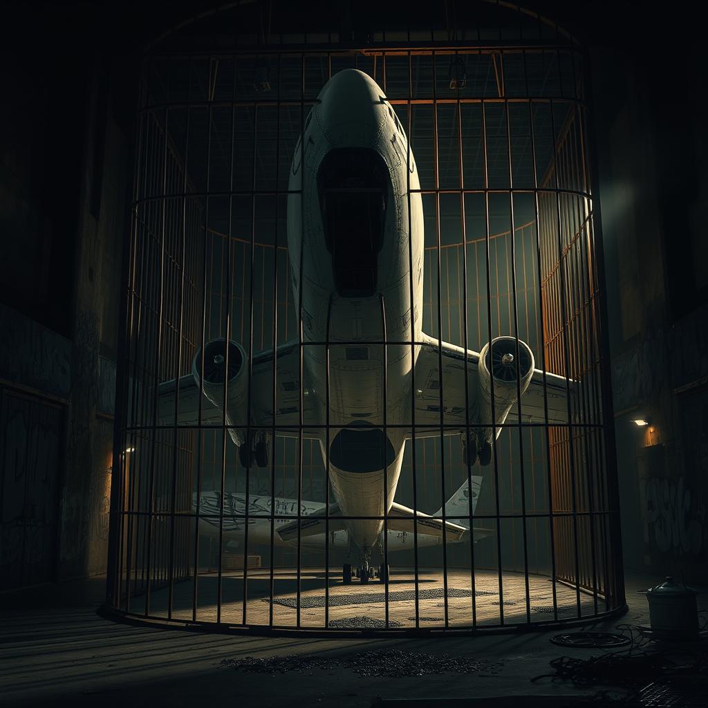 A massive airplane positioned vertically inside a large, ominous prison cage, enveloped in a dark, criminal vibe