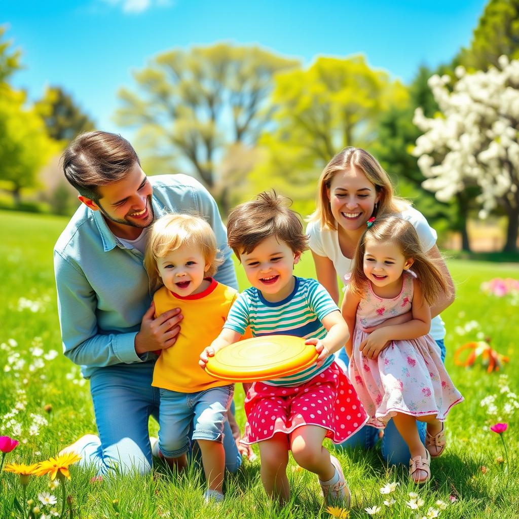 A heartwarming family scene depicting parents and children enjoying a sunny day in a beautiful park