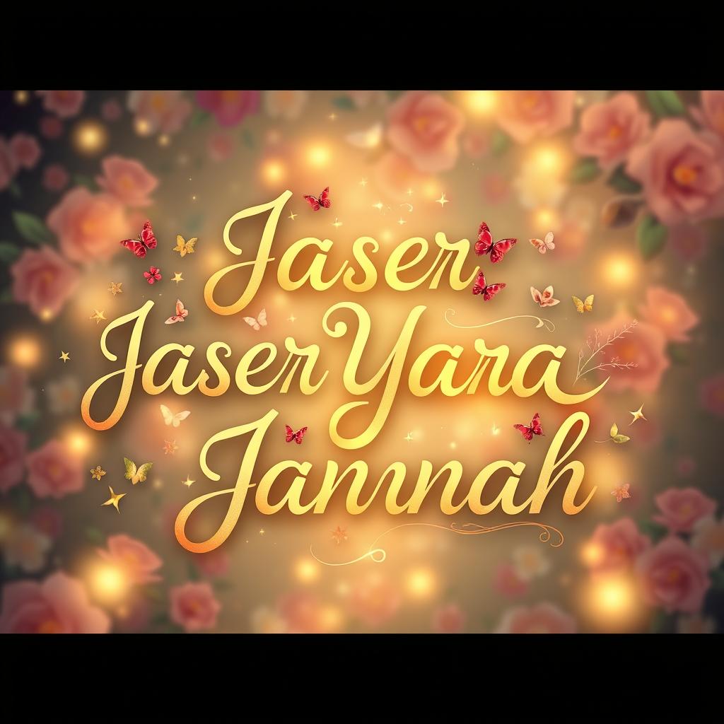 An artistic representation that beautifully showcases the names 'Jaser', 'Yara', and 'Jannah' intertwined in a vibrant and colorful design