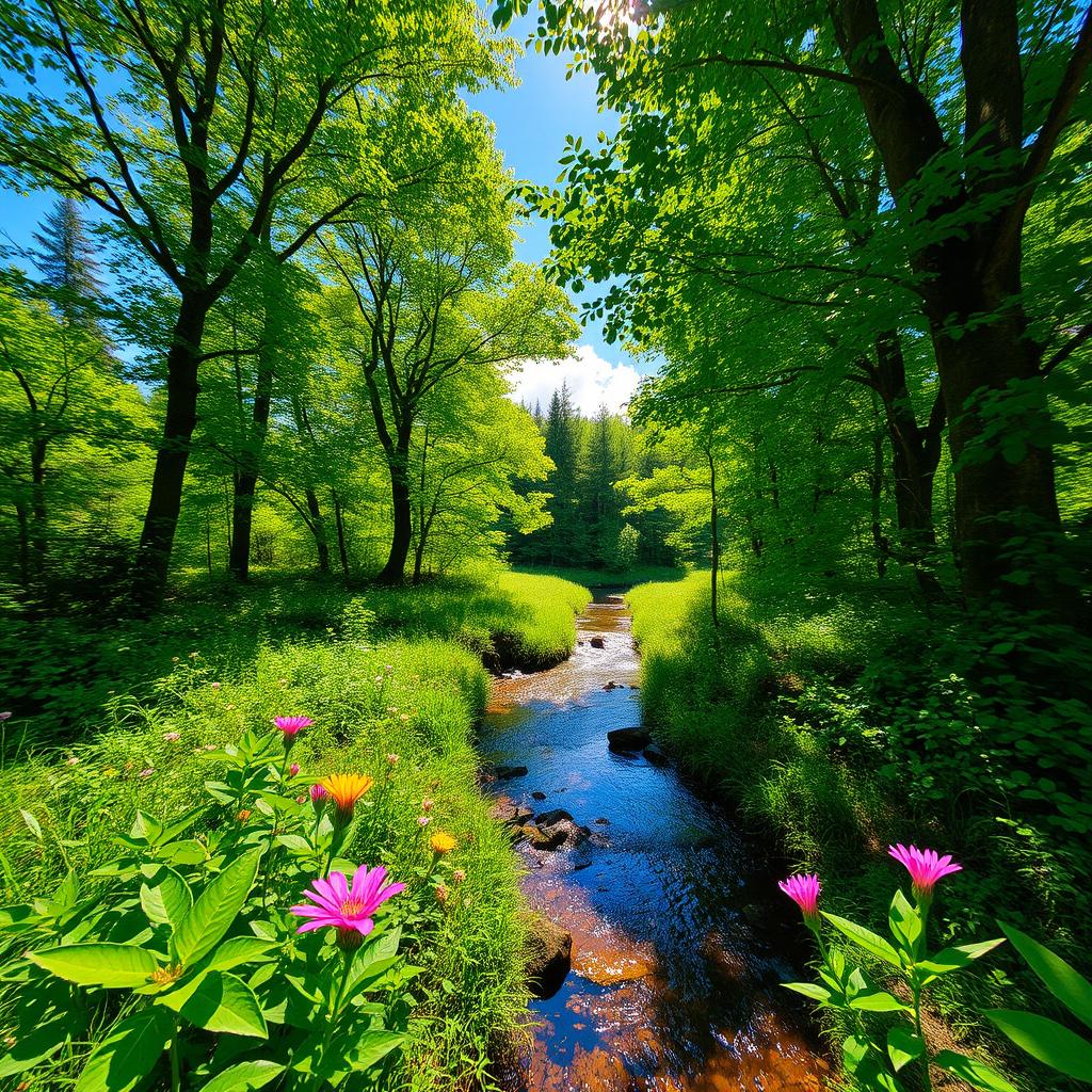 Breathe in Serenity: Vivid Forest Scene with Stream and Wildflowers