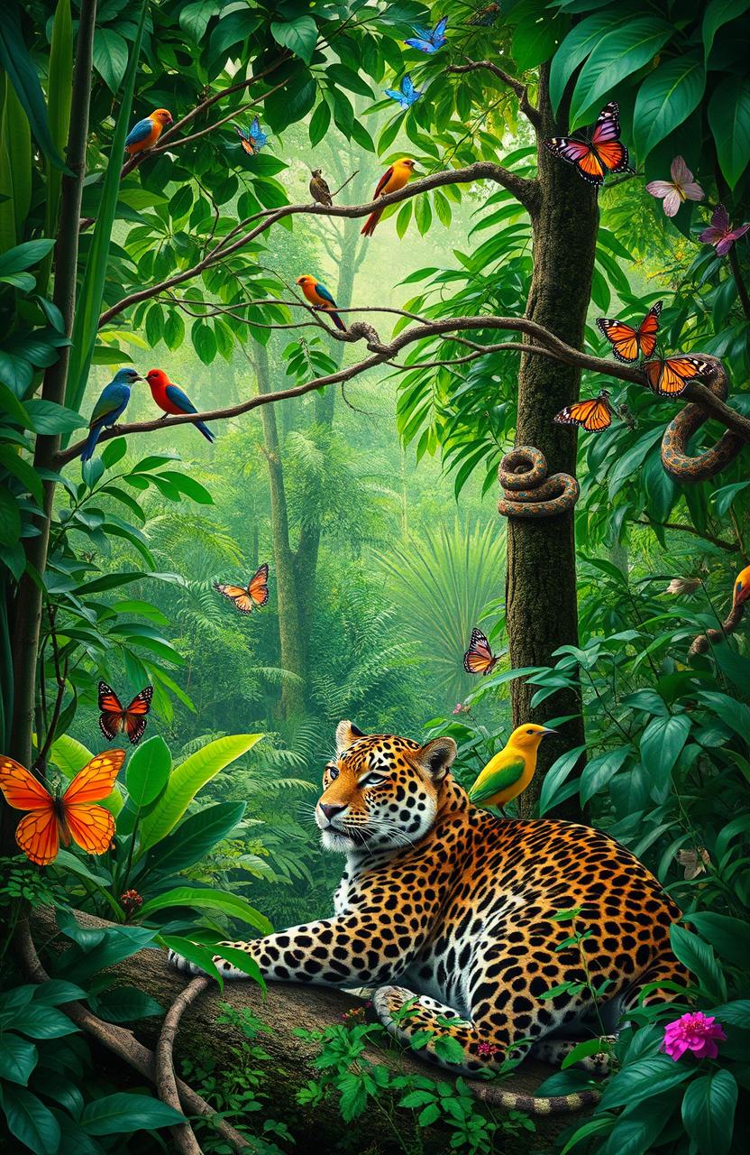 A clear area in a South American jungle, filled with vibrant, lush greenery