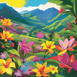 A vibrant depiction of Spring in Venezuela, filled with luscious flora, radiant sunshine, and elements characteristic of Venezuelan culture