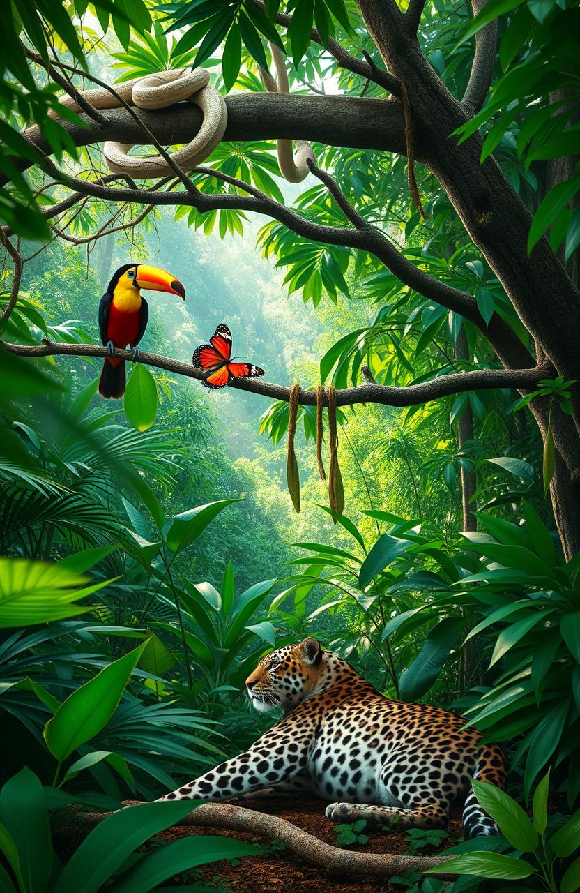 A vivid clearing in a South American jungle showcasing a lush environment filled with greenery