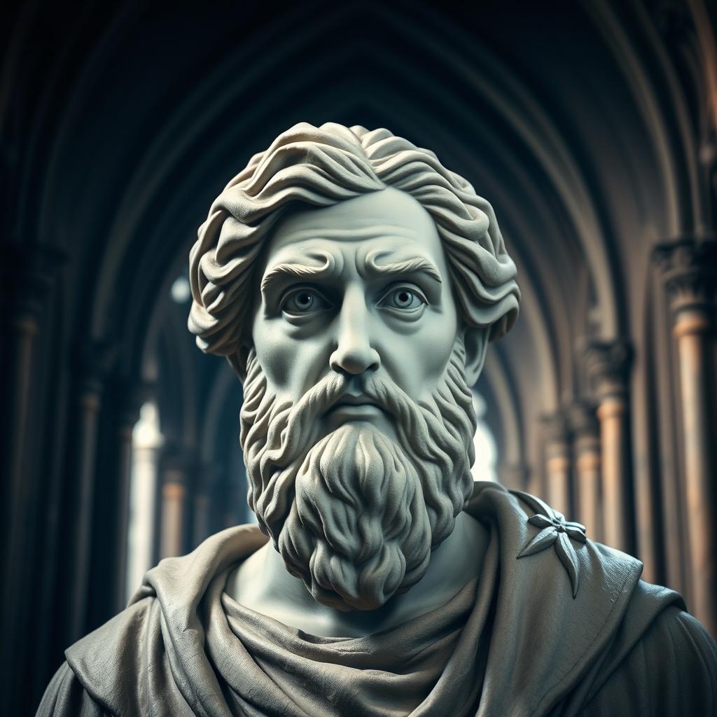 A Gothic style bust of the philosopher Plato, intricately carved with detailed features that capture his wisdom and contemplative expression