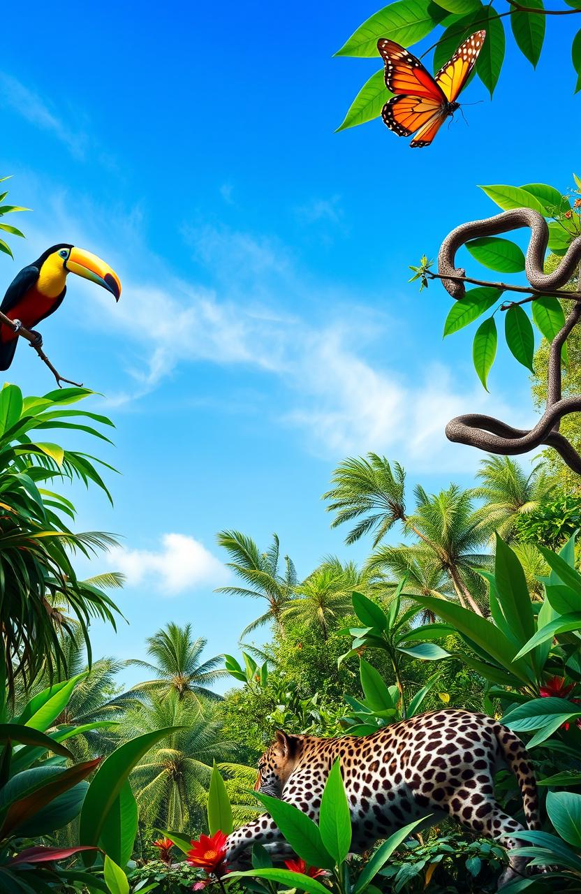A clear view of the sky in a South American jungle, featuring a vibrant and lush landscape