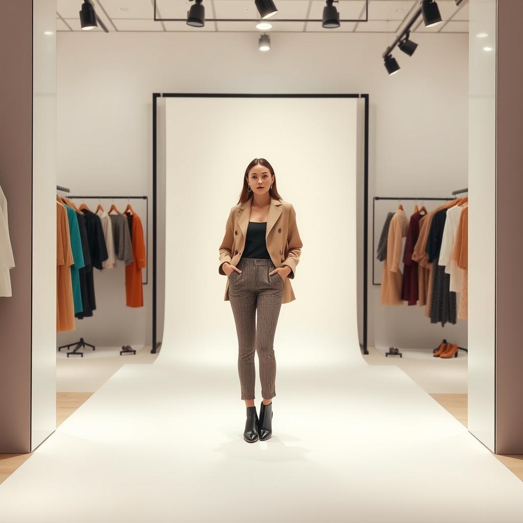 A fashion photo gallery setting featuring a model standing confidently in a stylish salon or stage area