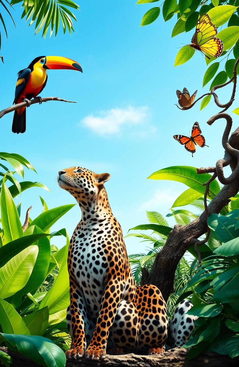 A vibrant South American jungle scene featuring a clear view of the light blue sky above