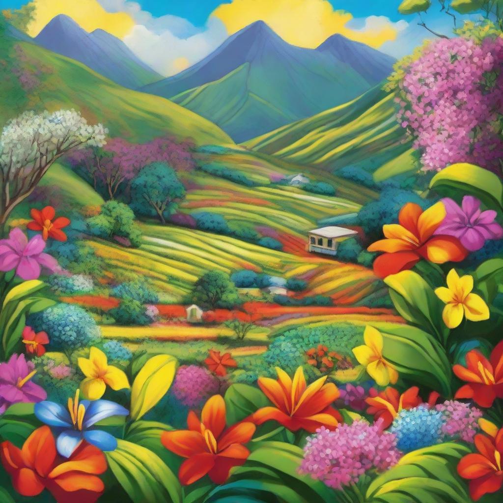 A vibrant depiction of Spring in Venezuela, filled with luscious flora, radiant sunshine, and elements characteristic of Venezuelan culture