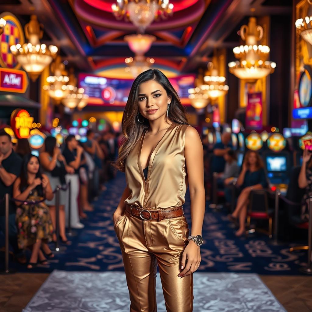 A glamorous scene featuring a stylish girl standing on a silver carpet, with a bustling casino in the background filled with excited fans and admirers