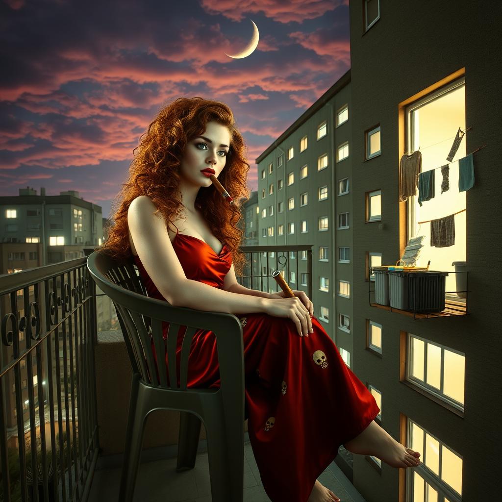 A breathtaking scene of a beautiful woman, approximately 35 years old, seated on a plastic chair on a narrow balcony of a flat
