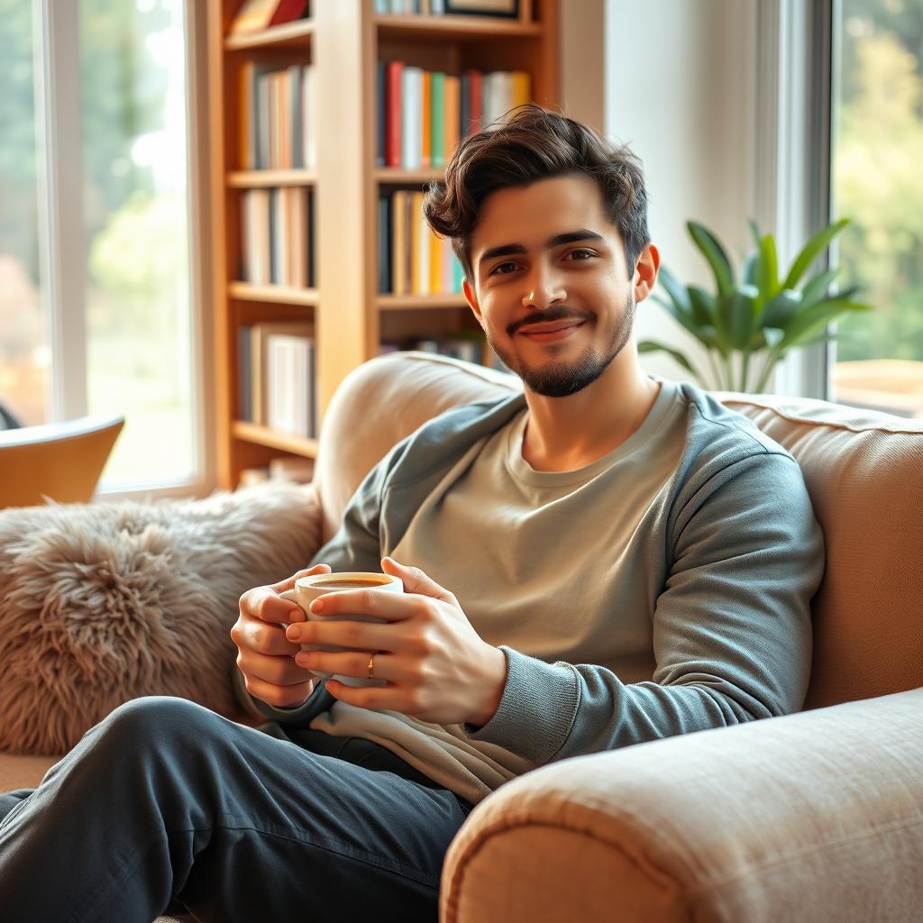 A cozy indoor scene featuring a person sitting comfortably on a plush sofa, holding a steaming cup of coffee