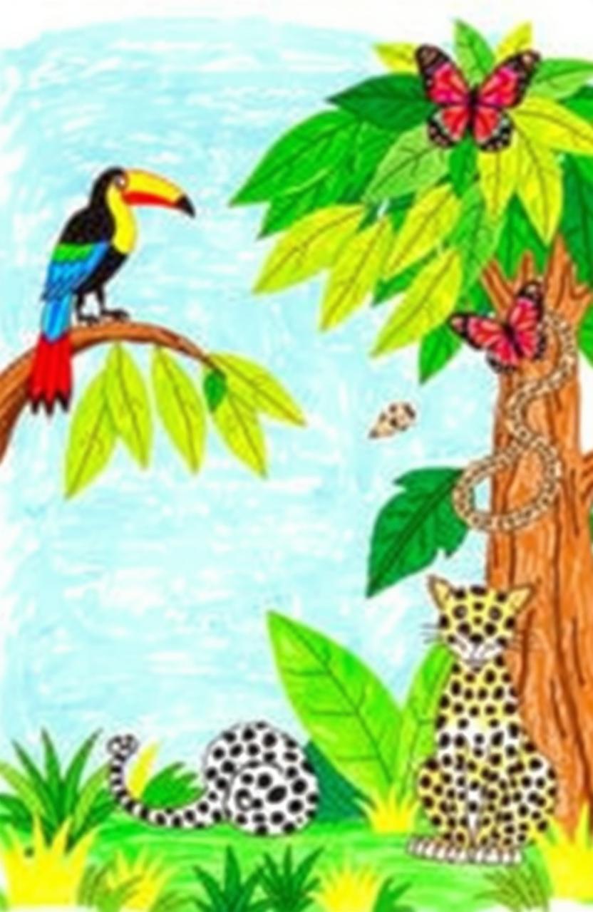 A vibrant children's drawing of a jungle in South America featuring a clear sky painted in a light blue