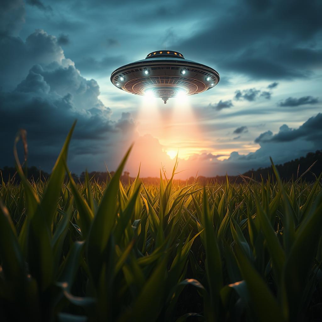 A mysterious UFO hovering above a cornfield at dusk, capturing a sense of wonder and intrigue