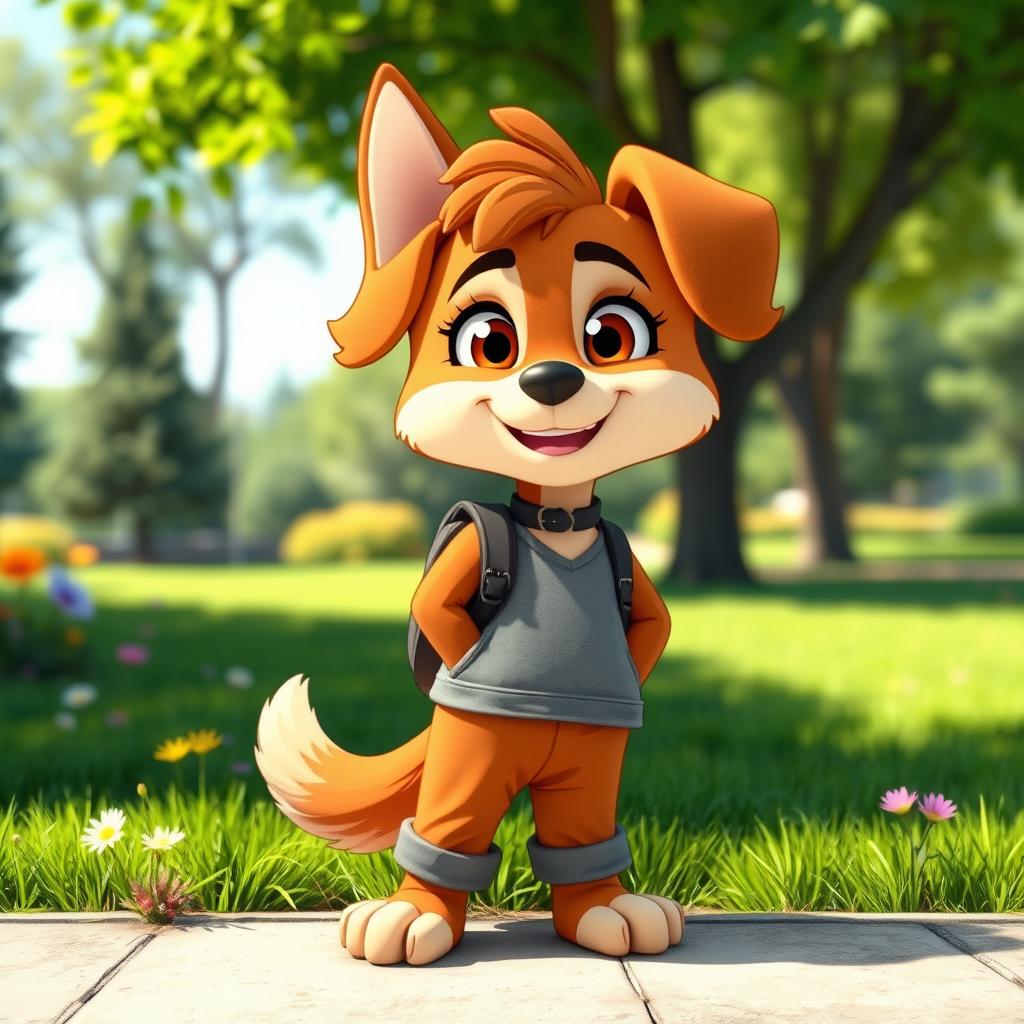 A humanized version of a dog, anthropomorphized character featuring dog-like facial features and traits, wearing casual clothing, standing upright