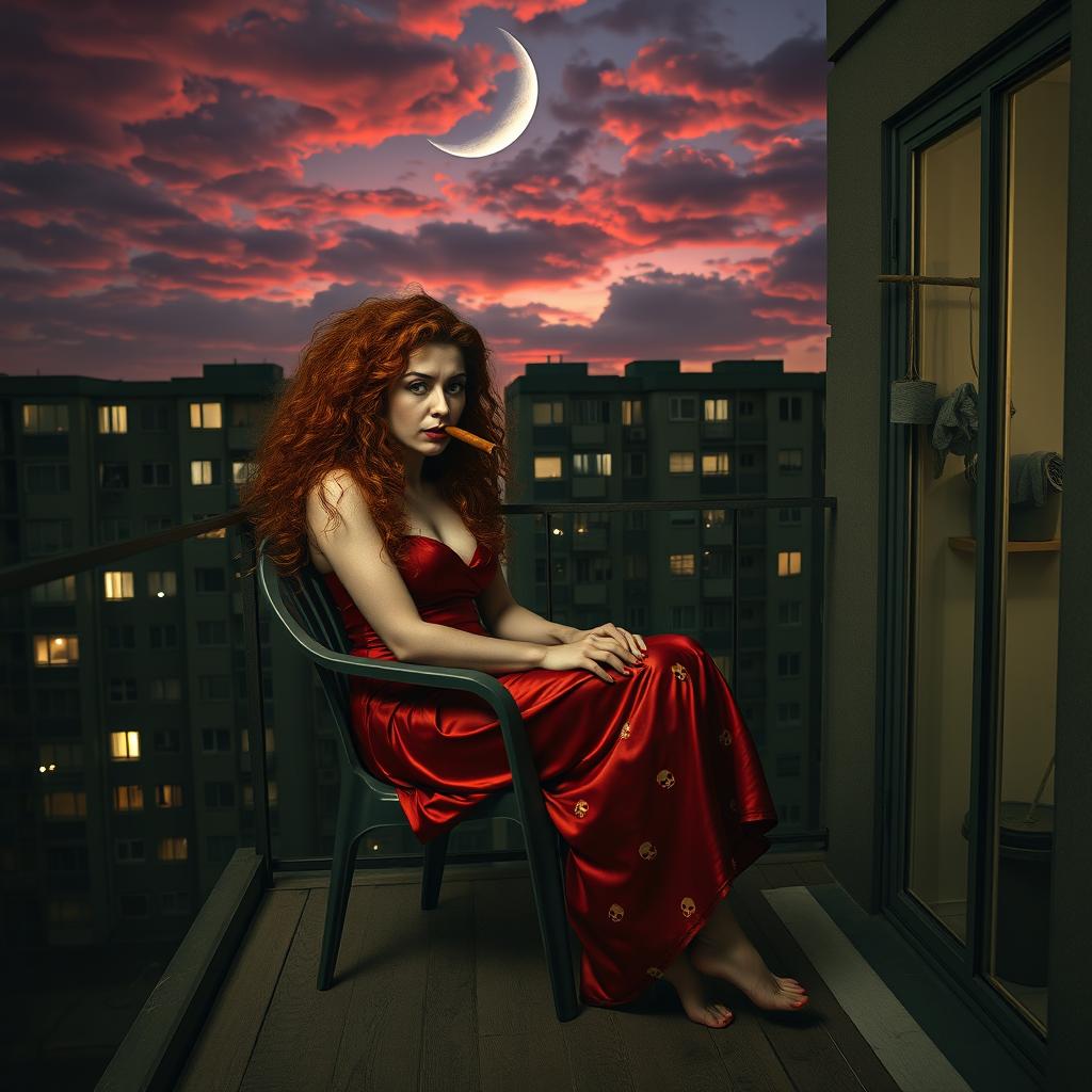 A beautiful woman around 35 years old sits calmly on a plastic chair on a very narrow balcony at the back of a flat