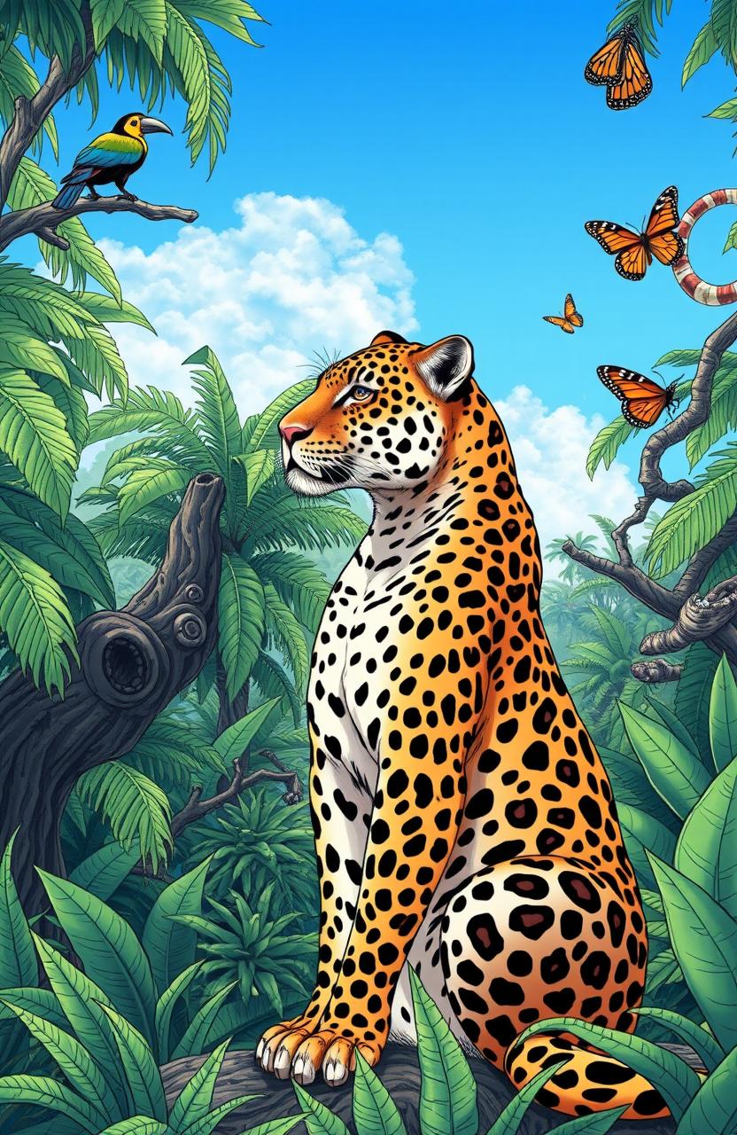 A detailed manga-style illustration of a clear spot in a South American jungle, showcasing a bright clear blue sky