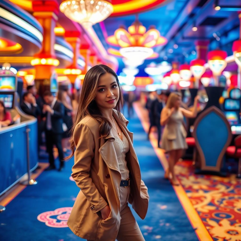 A glamorous scene featuring a stylish girl standing on a blue carpet, with a lively casino in the background filled with enthusiastic fans and admirers
