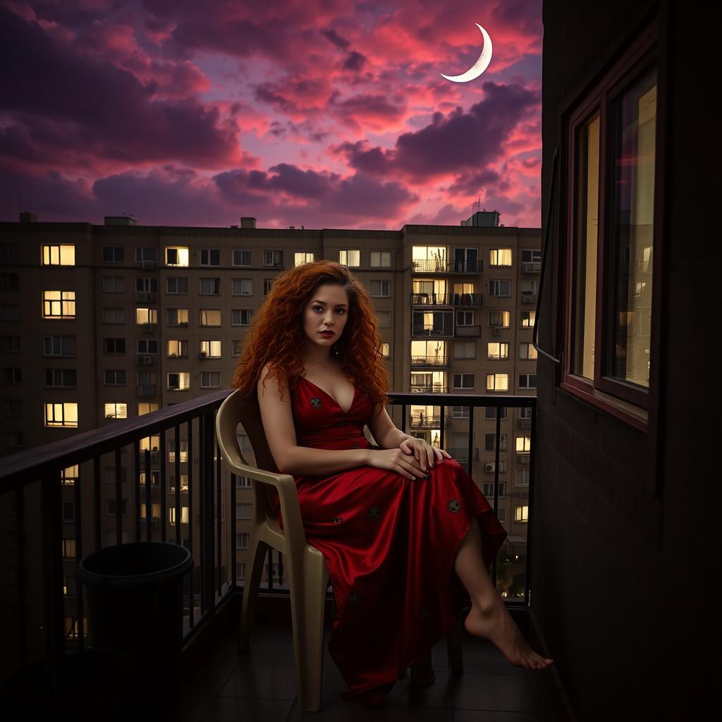 A woman sitting on a plastic chair on a narrow, small balcony at the back side of a flat, looking calm and composed