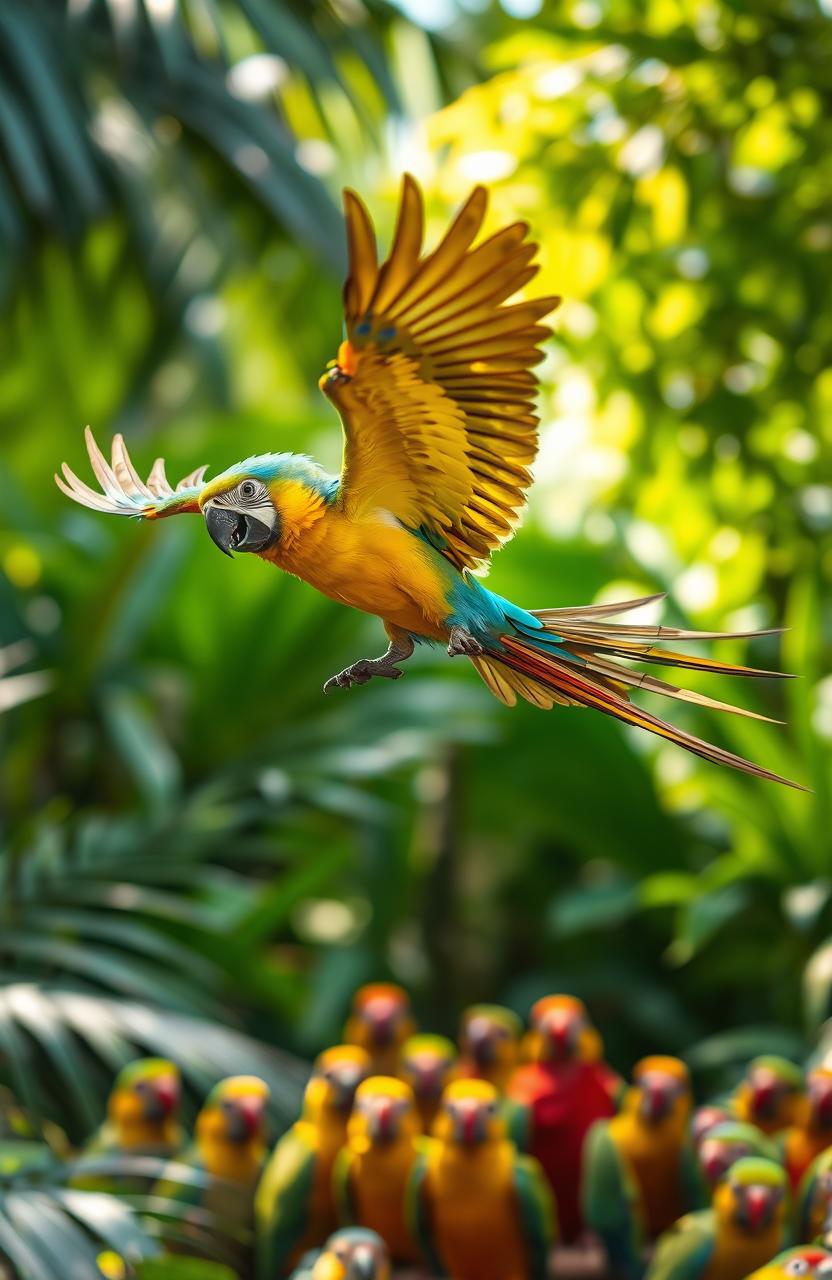 A colorful parrot in mid-flight, desperately trying to regain control as it lacks its tail feathers essential for navigating in the air