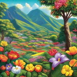 A vibrant depiction of Spring in Venezuela, filled with luscious flora, radiant sunshine, and elements characteristic of Venezuelan culture