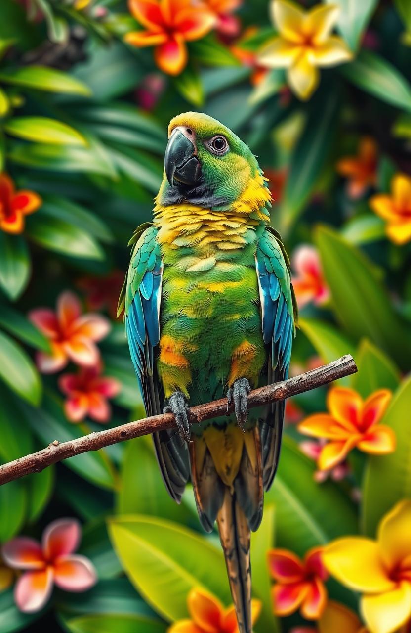 A vibrant and colorful depiction of a plucked parrot perched on a branch, showcasing a brightly colored feather pattern with various shades of green, blue, and yellow, against a lush tropical background filled with green leaves and vivid flowers in bloom, capturing the beauty and intricacy of the parrot's remaining feathers