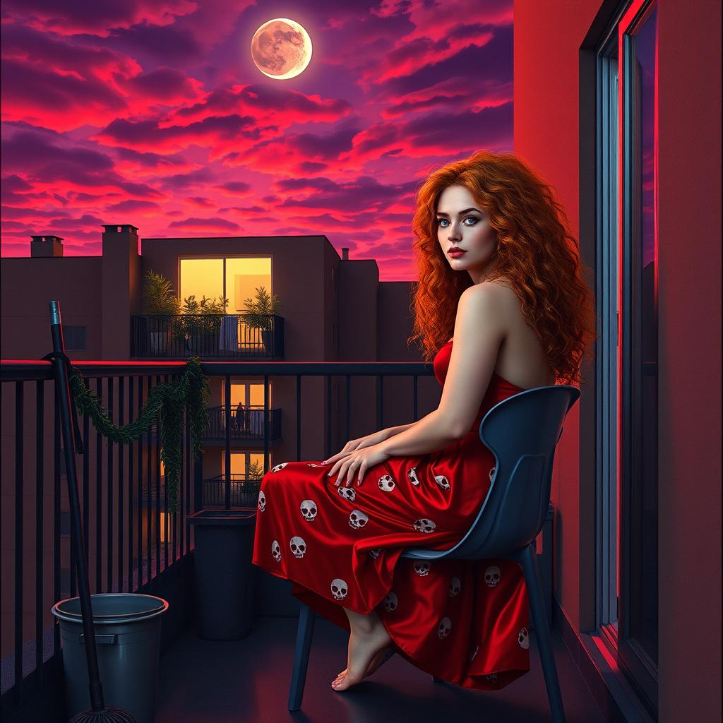 A captivating scene of a beautiful 40-year-old woman sitting on a plastic chair on a very narrow balcony at the back of a flat