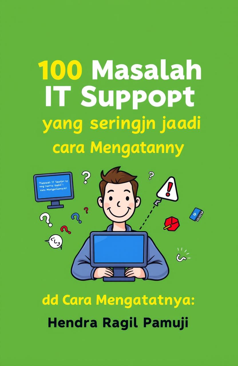 A vibrant cover design for a fun and relaxed IT support guide titled "100 Masalah IT Support yang Sering Terjadi dan Cara Mengatasinya"