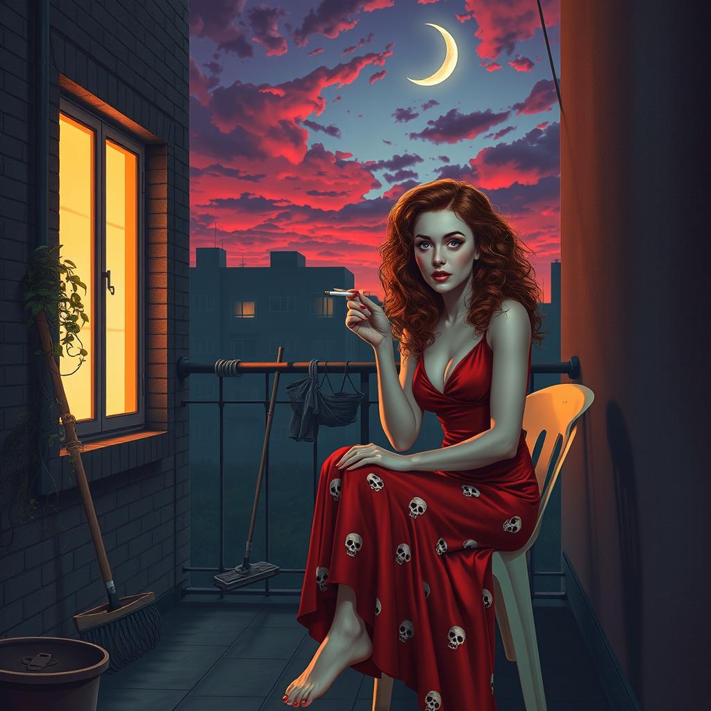 A realistic depiction of a 40-year-old woman sitting on a plastic chair on a very narrow, small dystopian balcony at the back of a moody flat